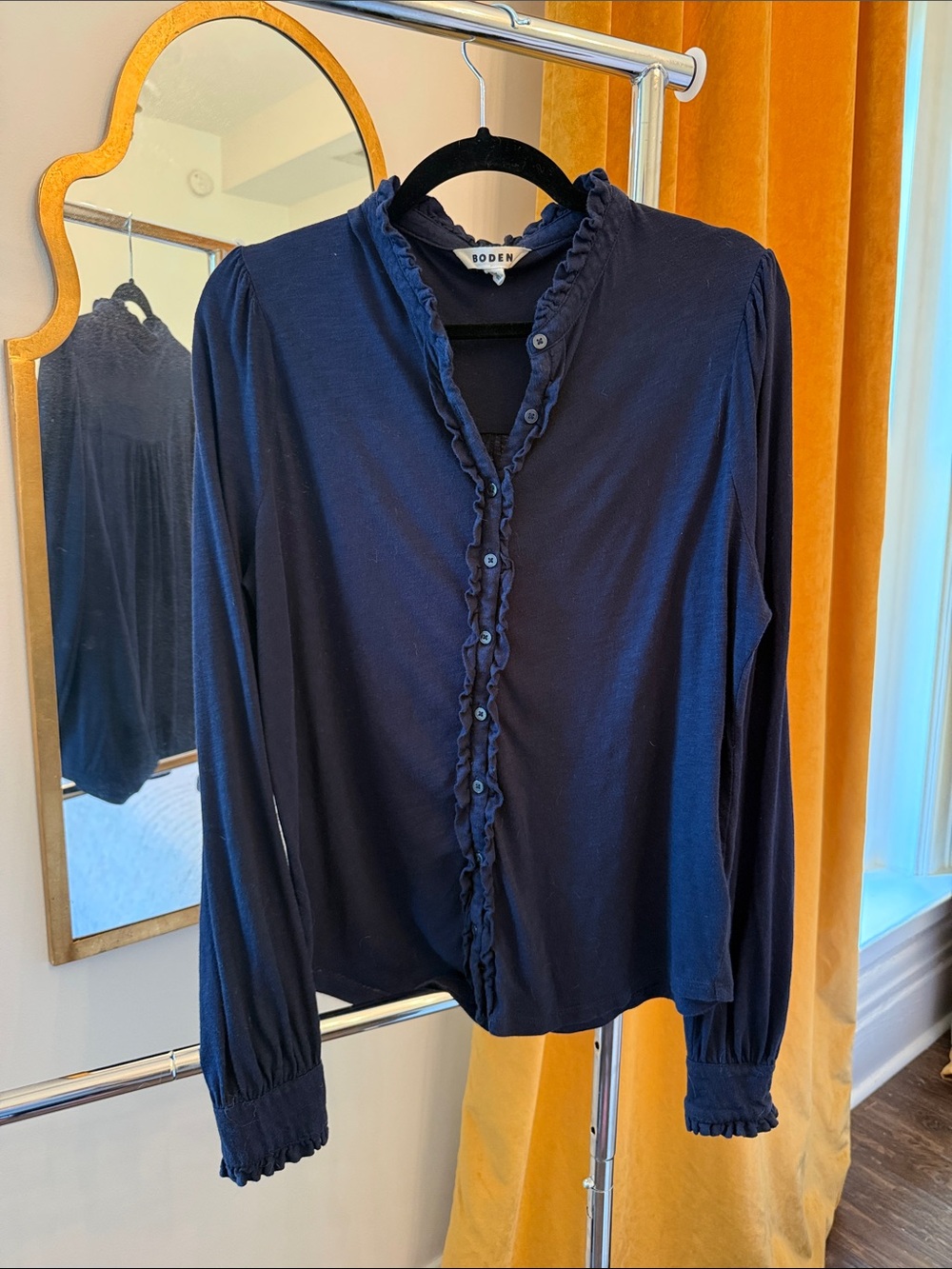 Boden Navy Ruffle-Trim Button-Front Top